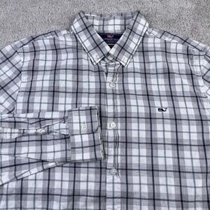Vineyard Vines Shirt Mens Large Grey Checkered Whale Slim‎ Fit Cotton Button Up